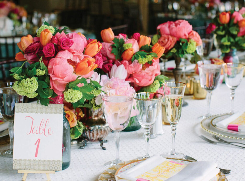 Peony, tulip, rose and hydrangea reception centerpieces