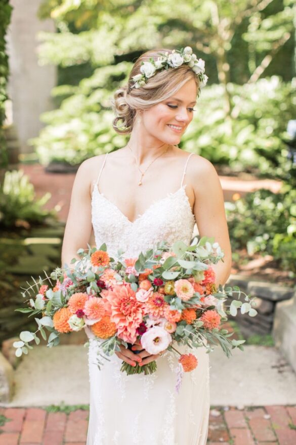 Bride with Coral Flowers Wedding bouquet